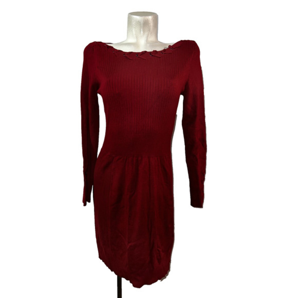 CACHE Women's Size M Burnt Red Knit Bodycon Midi Sweater Dress w/Lacing Trim